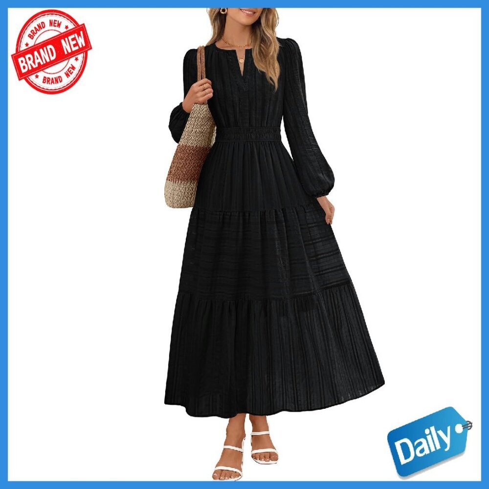 Long Sleeve Cotton Midi Dress with Pockets, V Neck Tiered Maxi